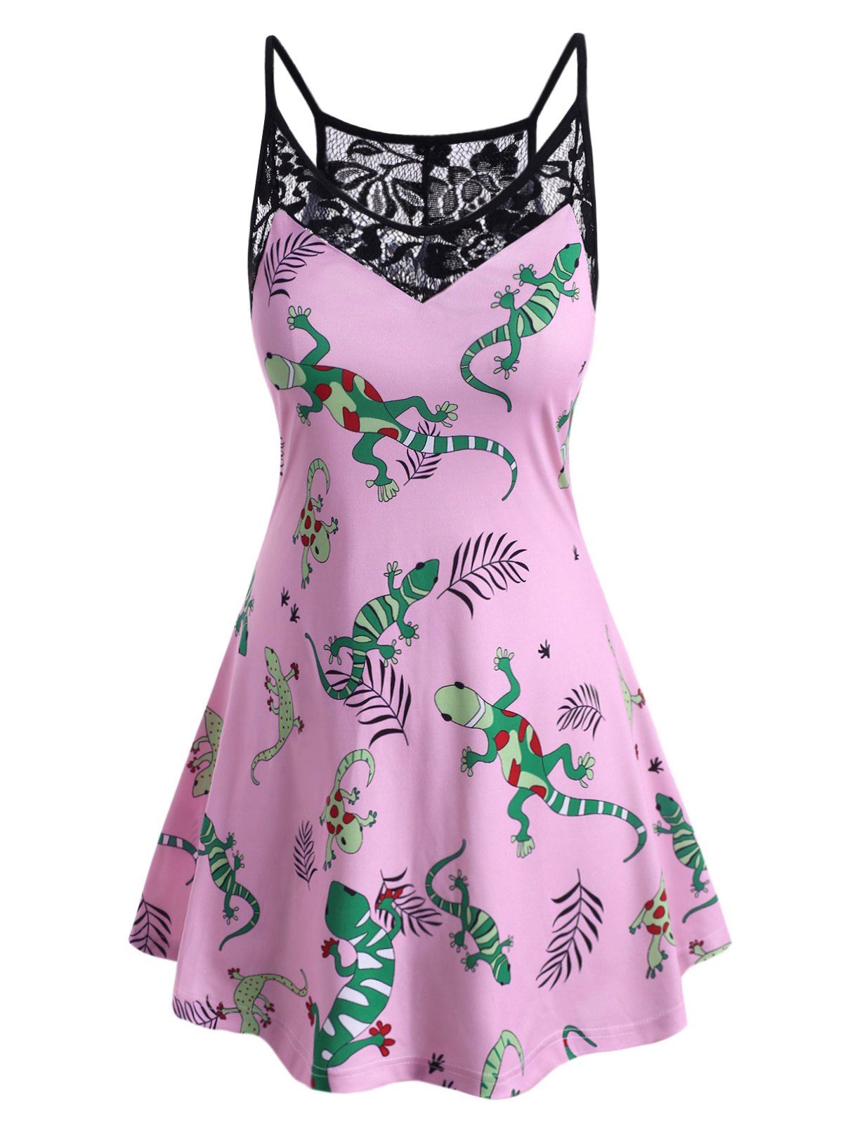 

Plus Size Contrast Lace Gecko Print Tank Top, Light pink