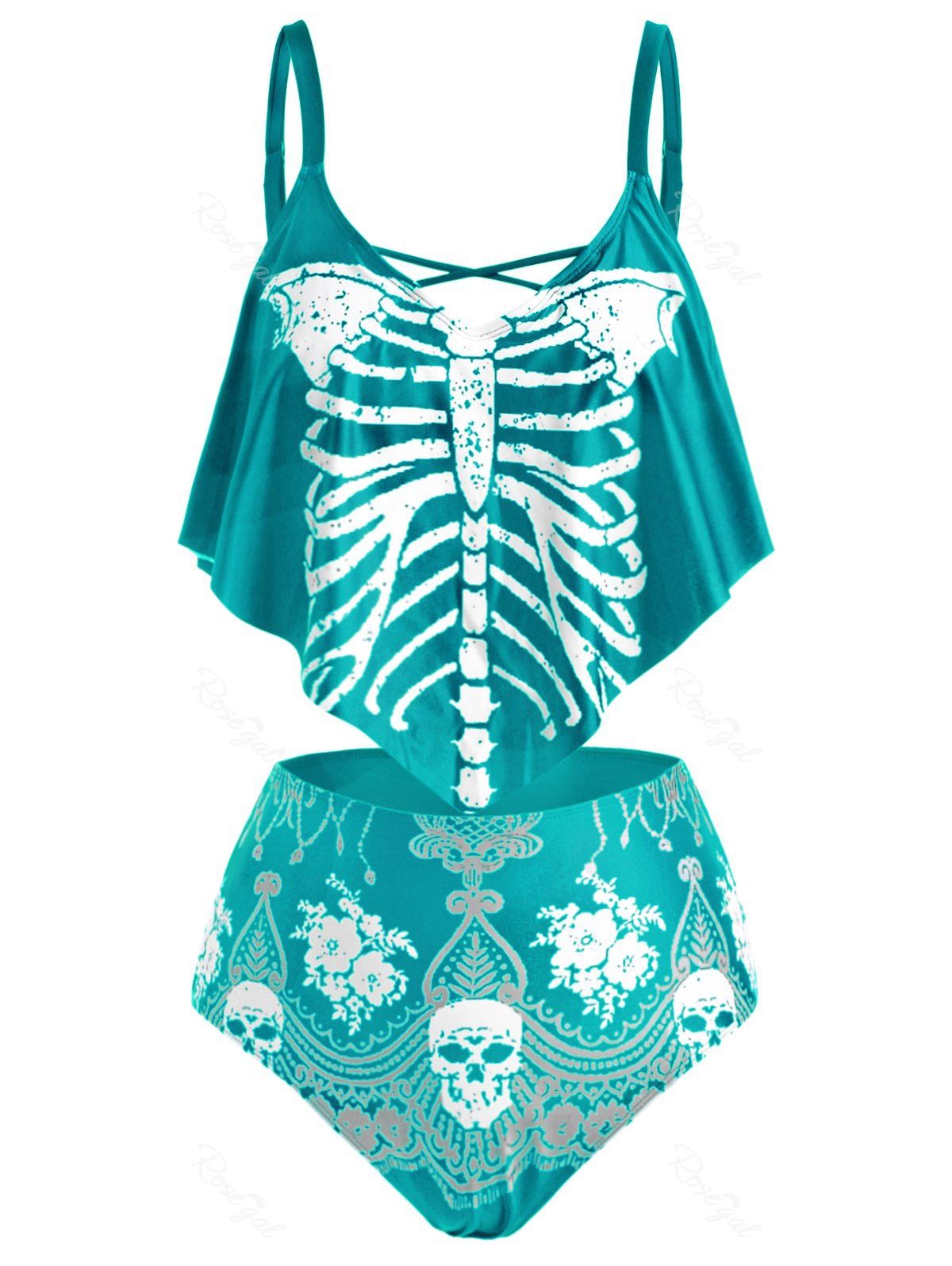 

Flounces Skull Skeleton Halloween Plus Size Tankini Swimwear, Light blue