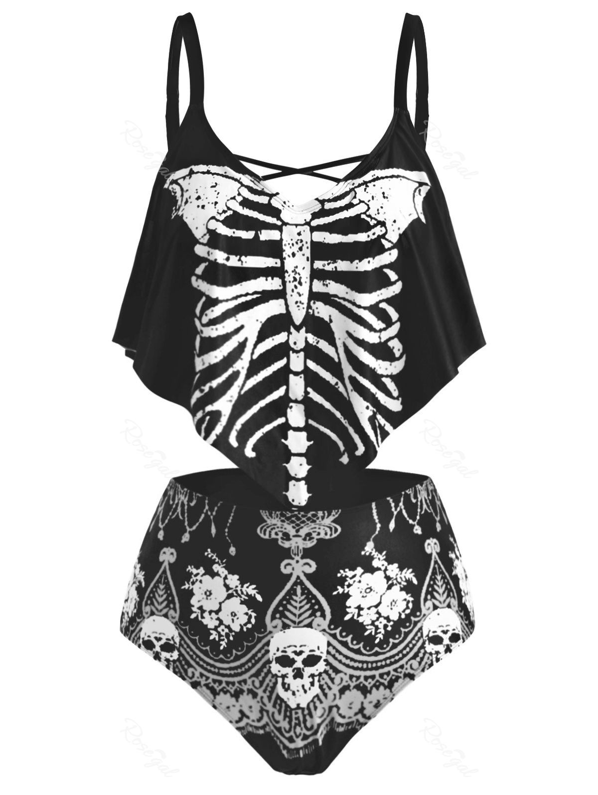 

Flounces Skull Skeleton Halloween Plus Size Tankini Swimwear, White