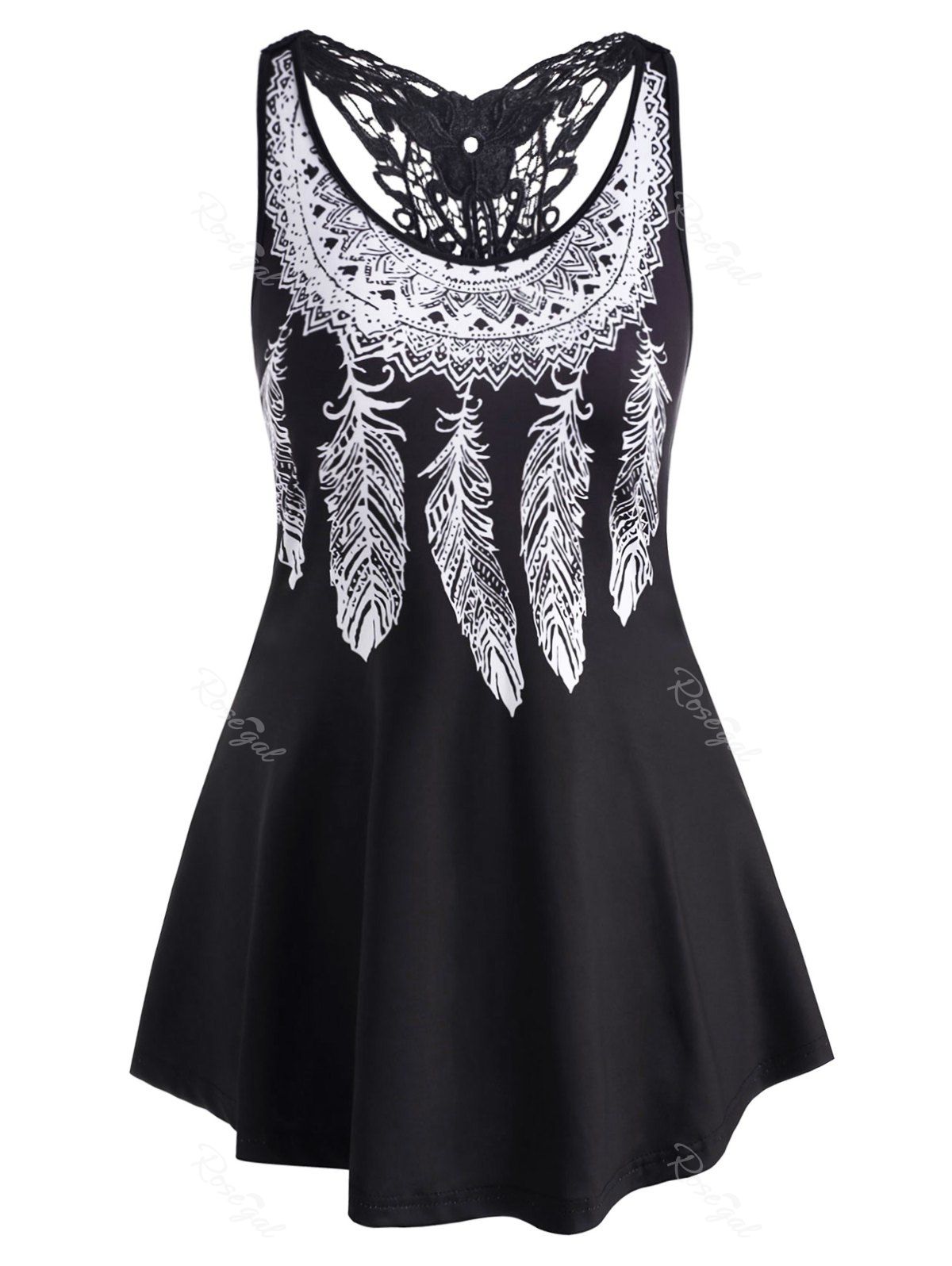 

Racerback Lace Panel Feather Print Plus Size Tank Top, Black