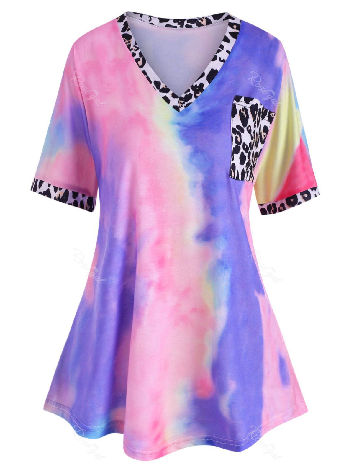 

Leopard Panel Front Pocket Tie Dye Plus Size Tee, Light pink