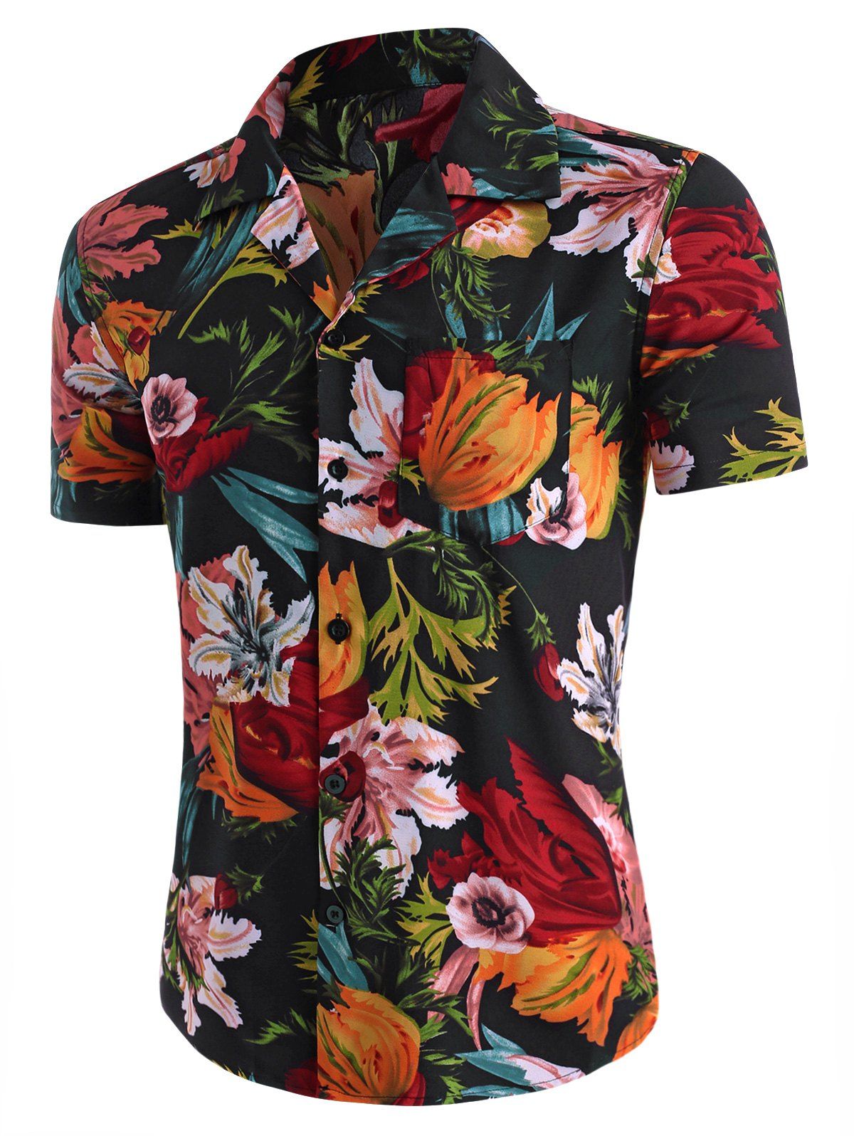 

Flower Print Pocket Beach Shirt, Black