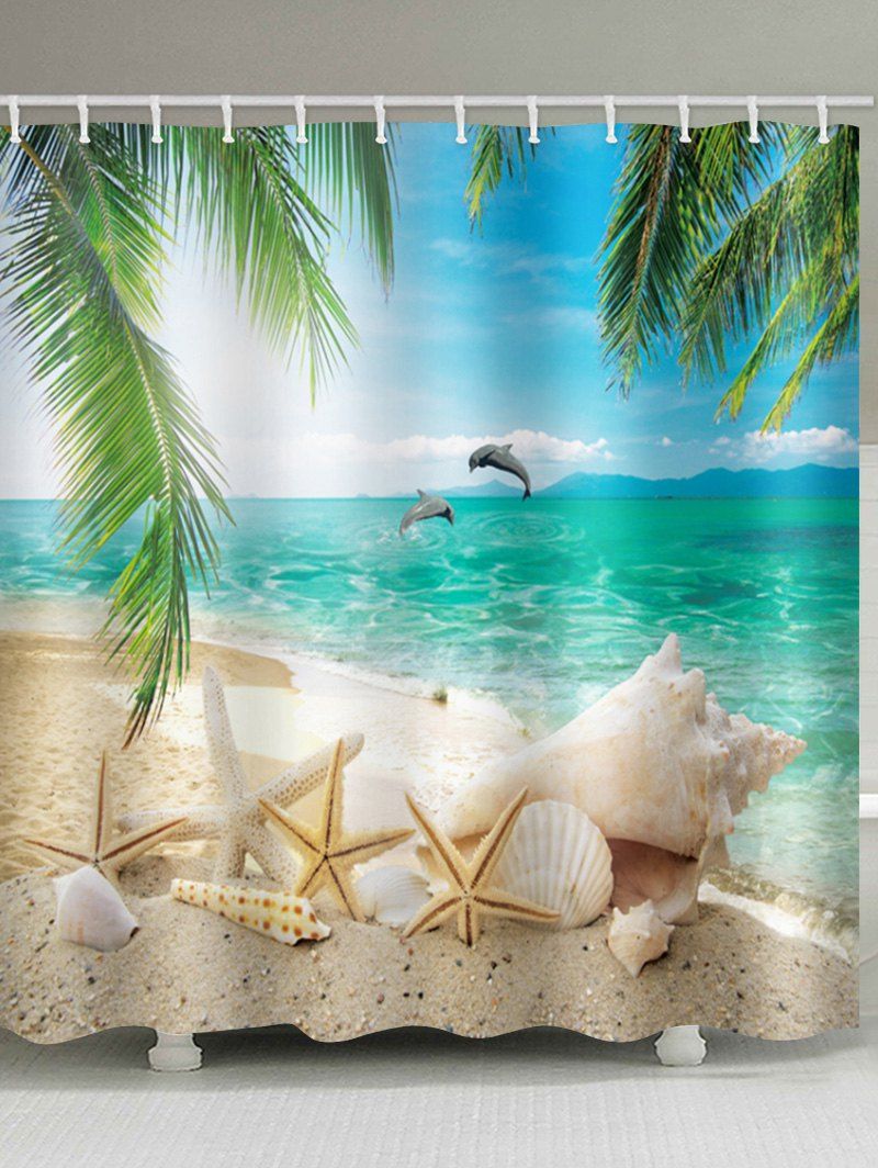 

Beach Starfish Palm Leaf Print Shower Curtain, Macaw blue green