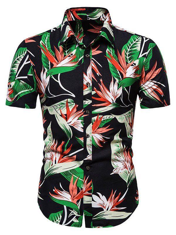 

Short Sleeve Tropical Leaf Flower Print Shirt, Black