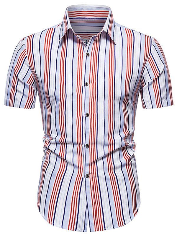 

Short Sleeve Striped Button Up Shirt, Red