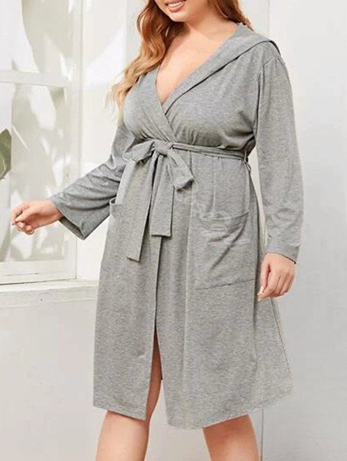 

Plus Size Hooded Marled Front Pocket Robe, Light gray