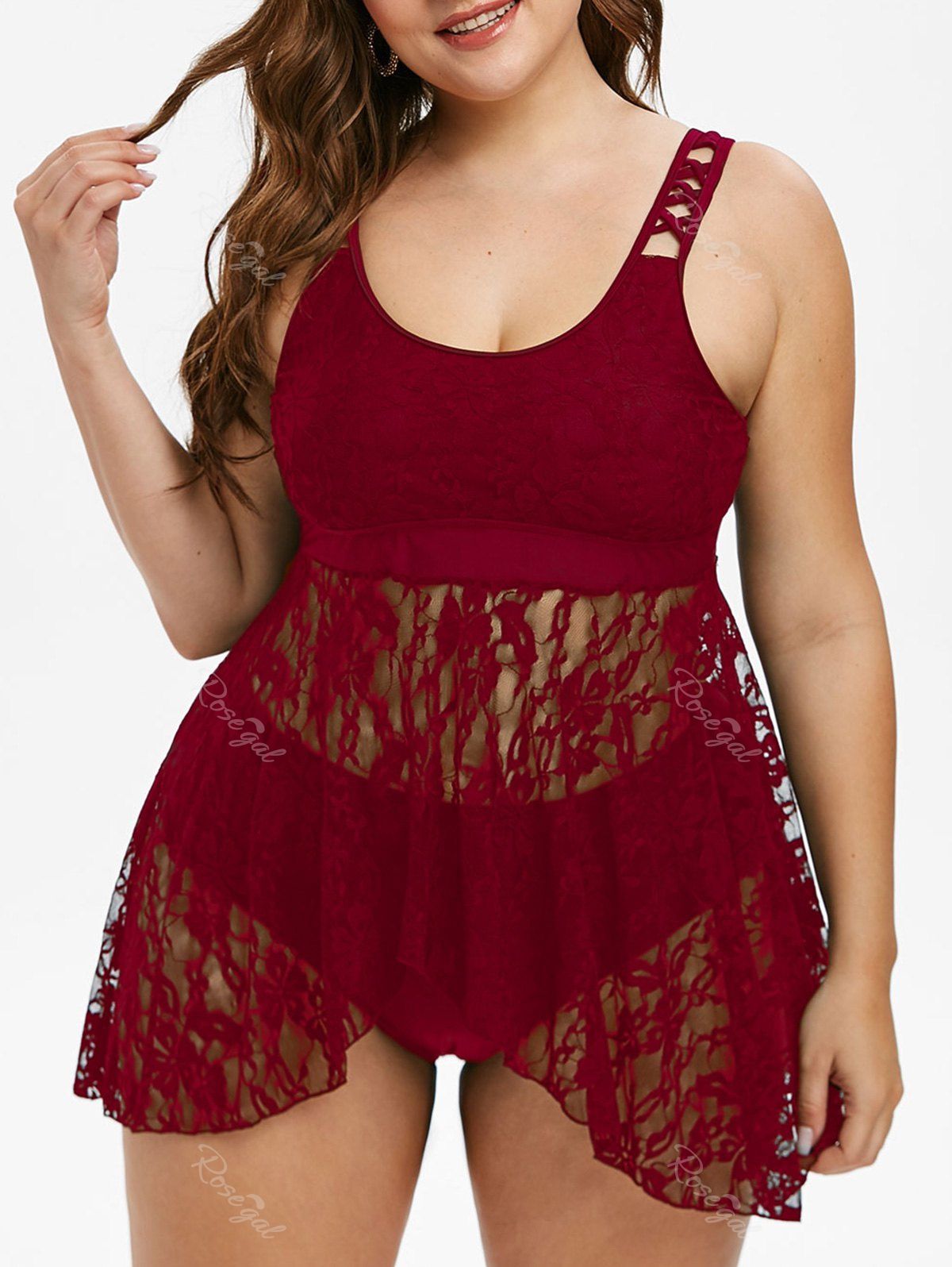 29 Off Plus Size Lace Overlay Skirted Tankini Set Rosegal 6185