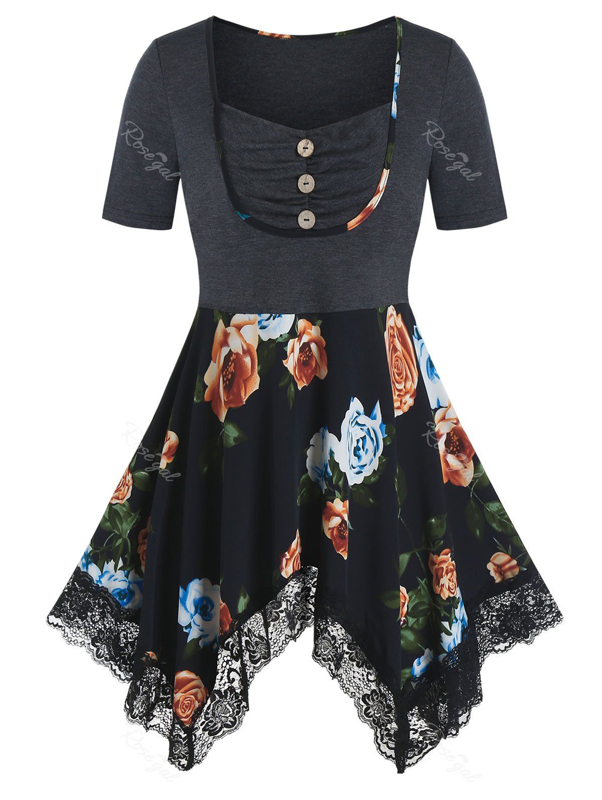 

Plus Size Flower Handkerchief Lace Panel Mixed-media Tee, Black