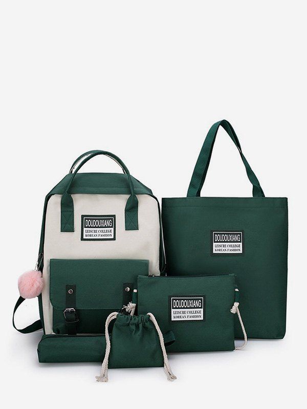 

5Pcs Colorblock Students Backpack Set, Deep green