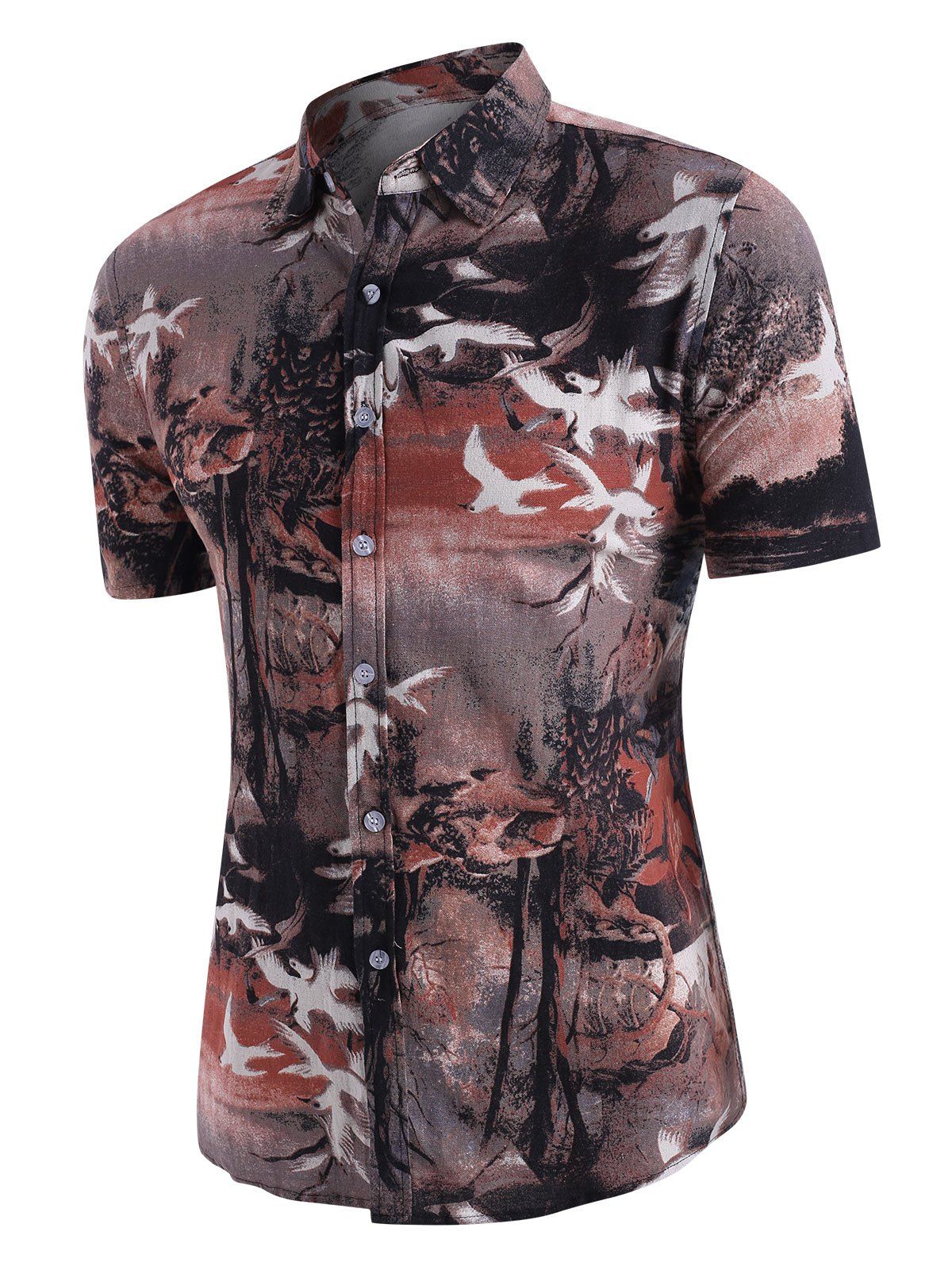 

High Low Landscape Print Short Sleeves Shirt, Multi