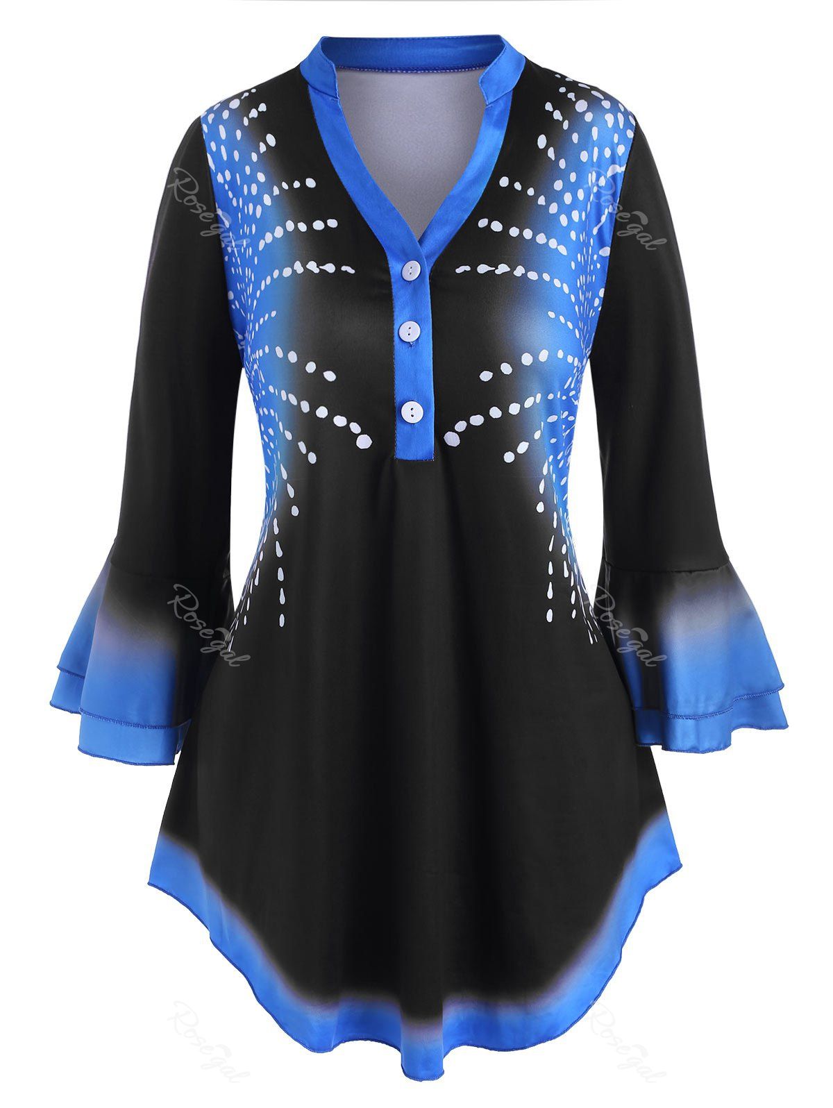 

Plus Size Bell Sleeve Printed Ombre Color Blouse, Blue