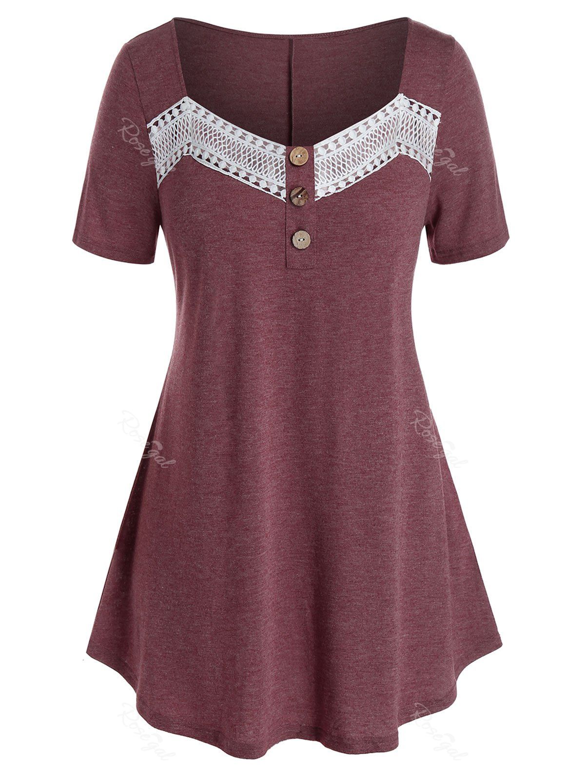 

Plus Size Lace Insert T Shirt, Red wine