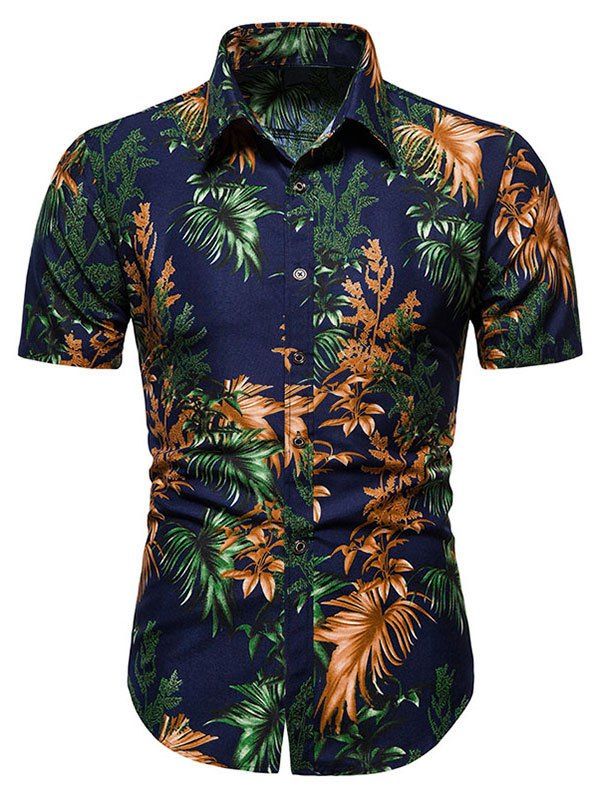 

Short Sleeve Tropical Leaves Button Up Shirt, Deep blue