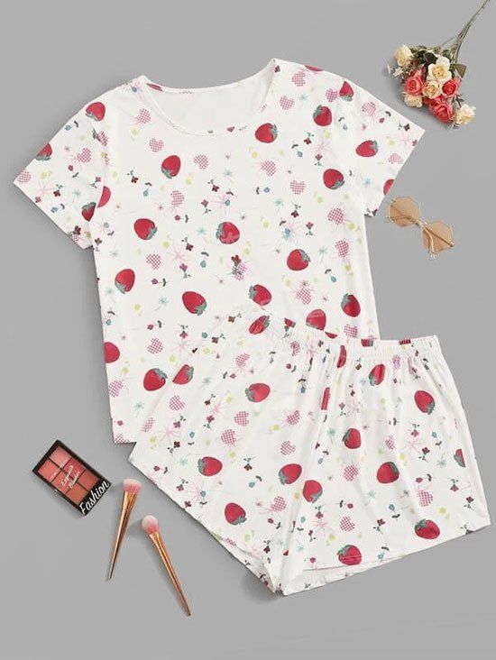 

Plus Size Strawberry Heart Print Short Pajama Set, White