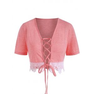 

Plus Size Laciness Lace Up Crop Tee, Light pink