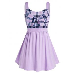 

Plus Size Plaid Bowknot Splicing Tank Top, Mauve