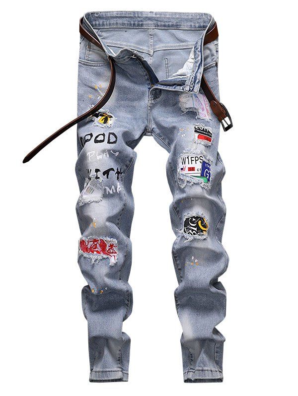 

Letter Print Patch Hole Pencil Denim Pants, Light blue