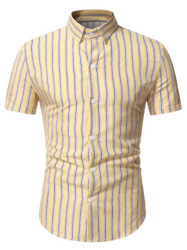

Vertical Stripes Print Button Up Shirt, Goldenrod