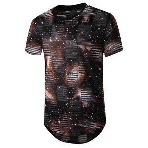 

Starry Print Mesh Patch Hole Longline Curved T Shirt, Brown