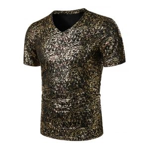 

V Neck Allover Gilding Print Short Sleeve T Shirt, Black