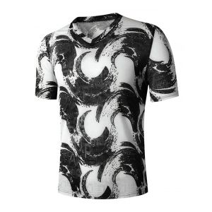 

V Neck Abstract Print Semi See Through T Shirt, Black