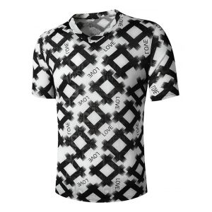 

V Neck Letter Rhombus Print Semi Sheer T Shirt, Black