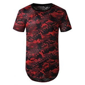 

Camouflage Print Mesh Patch Hole Curved T Shirt, Red