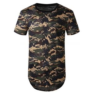 

Camouflage Print Mesh Patch Hole Curved T Shirt, Green
