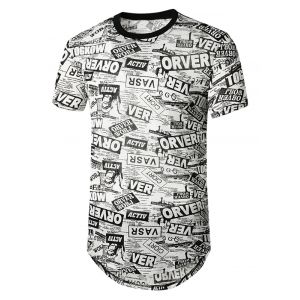 

Newspaper Print Semi Sheer Longline Curved T Shirt, Black