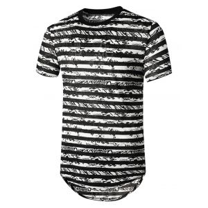 

Striped Semi Sheer Longline Curved T Shirt, Black