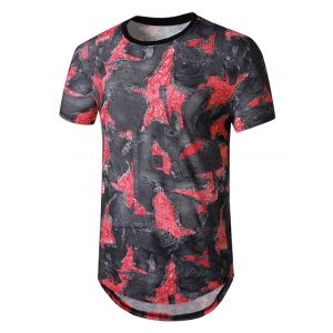 

Denim Patch Print Curved Longline T Shirt, Red