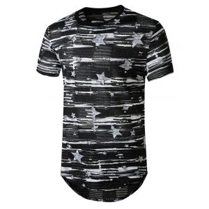 

Star Print Sheer Patch Hole Longline Curved T Shirt, Black