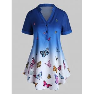 

Plus Size Ombre Butterfly Print Rolled Cuff Henley Blouse, Blue