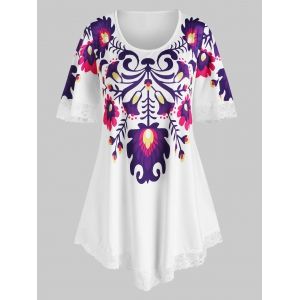 

Plus Size Floral Print Lace Panel Tee, White