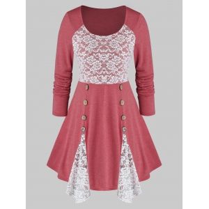 

Plus Size Lace Panel Sailor Button Long Sleeve Tee, Valentine red