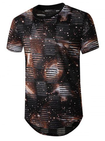 Starry Print Mesh Patch Hole Longline Curved T Shirt - BROWN - XL