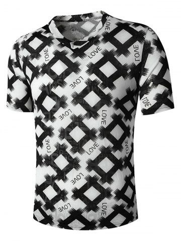 Cuello en V Carta Rombo Imprimir semitransparente camiseta - BLACK - XL