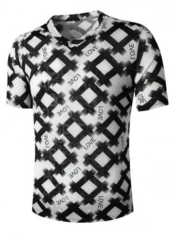 Cuello en V Carta Rombo Imprimir semitransparente camiseta - BLACK - 2XL