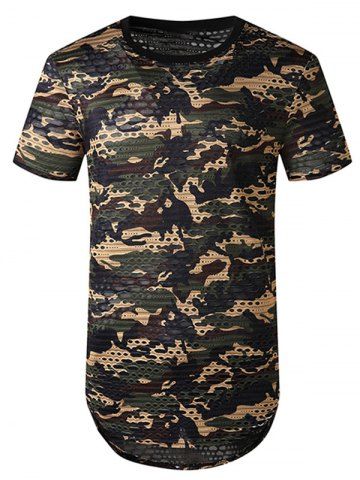 Camouflage Print Mesh Patch Hole Curved T Shirt - GREEN - S
