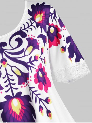 

Plus Size Floral Print Lace Panel Tee, White