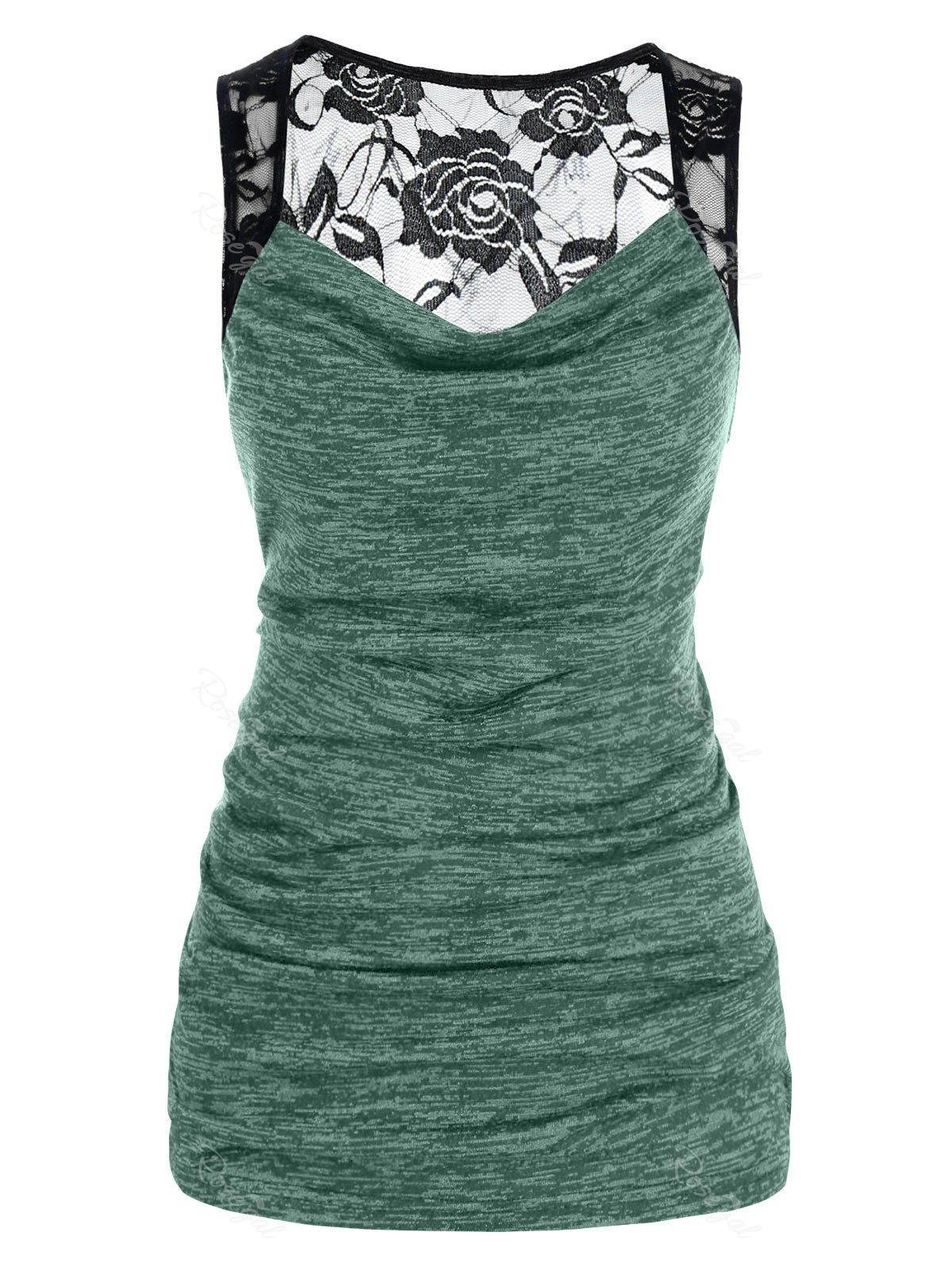 

Plus Size Lace Sheer Yoke Draped Ruched Tank Top, Sea turtle green