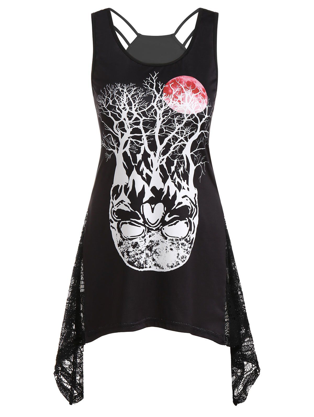 

Lace Insert Tree Skull Moon Print Tank Top, Black