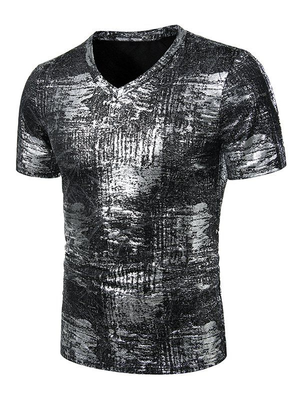 

V Neck Gilding Print Short Sleeve Tee, Silver