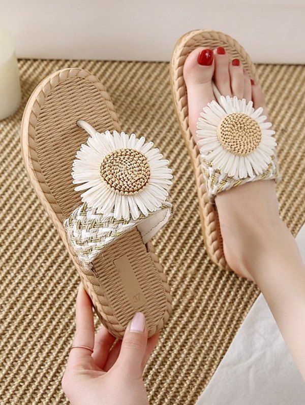 

Flower Detail Braided Flip Flops, Beige