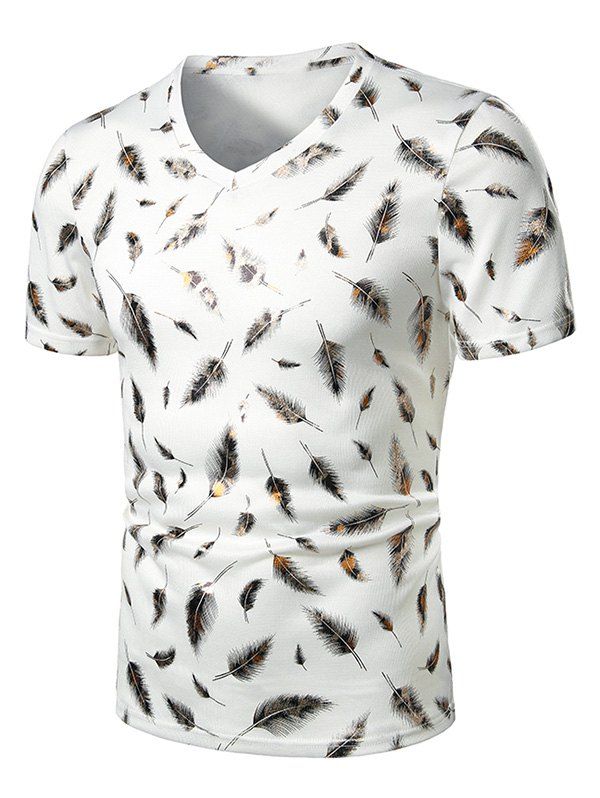 

V Neck Gilding Feather Print Short Sleeve T Shirt, White