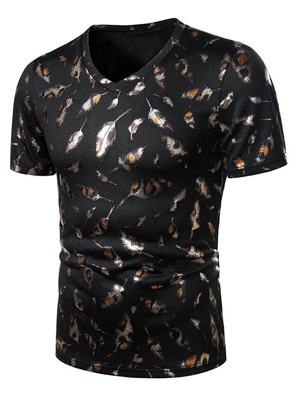 

V Neck Gilding Feather Print Short Sleeve T Shirt, Black