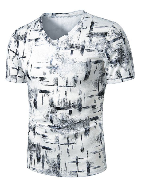 

V Neck Paint Brush Print Short Sleeve T Shirt, White