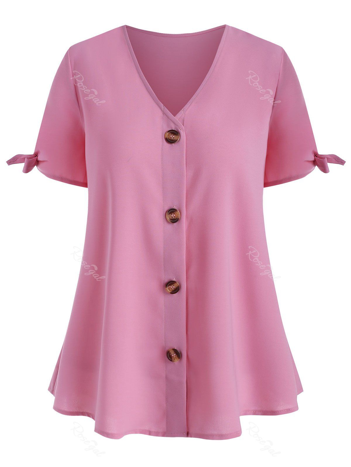 

V Neck Button Up Tie Sleeve Plus Size Blouse, Light pink