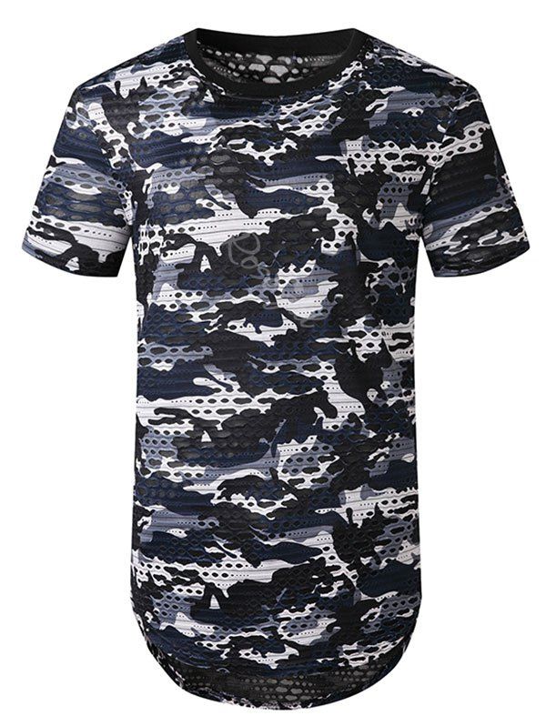 Outfit Camouflage Print Mesh Patch Hole Curved T Shirt  