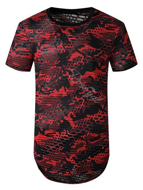 Store Camouflage Print Mesh Patch Hole Curved T Shirt  